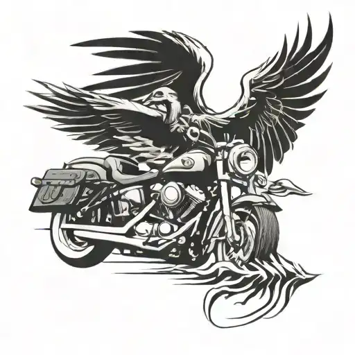 A Harley Davidson logo morphing into a screaming eagle with a guitar in its talons tattoo design idea