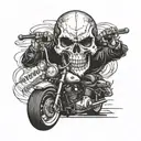 A Harley Davidson motorcycle with a skull wearing a rock band t-shirt riding it tattoo design idea