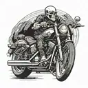 A Harley Davidson motorcycle with a skull wearing a rock band t-shirt riding it tattoo design idea