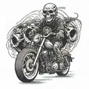 A Harley Davidson motorcycle with a skull wearing a rock band t-shirt riding it tattoo design idea