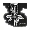 Design a simple feather pen with no background, around her little hourglass, ink and rollpaper tattoo design idea