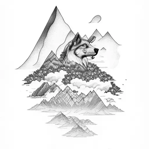 clouds, flowers, mountains and an animal tattoo design idea
