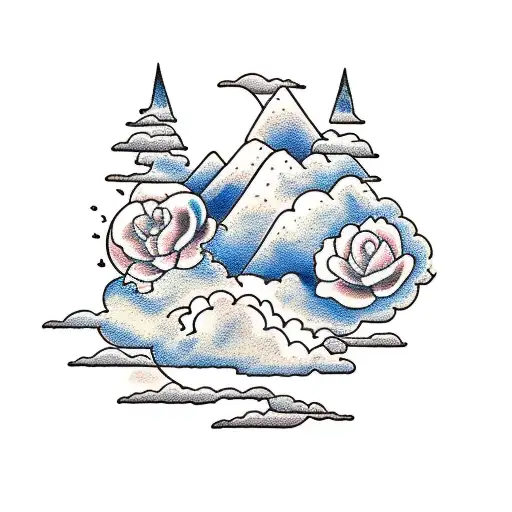 clouds, flowers, mountains and an animal tattoo design idea