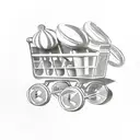 A shopping cart filled with ingredients and Jewish symbols like menorahs and challahs tattoo design idea