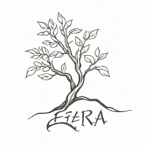the names Ezra and Ender with a small tree growing tattoo design idea