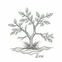 the names Ezra and Ender with a small tree growing tattoo design idea