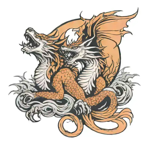 Dragon and wolf howling at the moon tattoo design idea