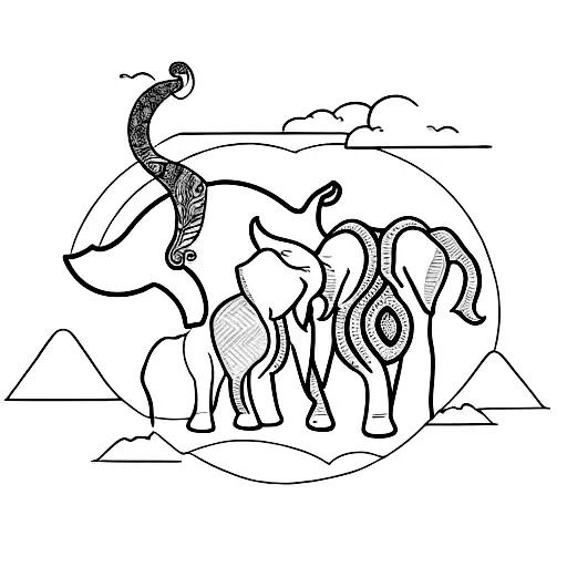 A minimalist tattoo design featuring a trio of elephants in a natural setting, symbolizing the strong bond between a mother and her children tattoo design idea