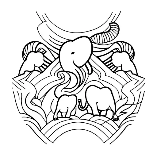 A minimalist tattoo design featuring a trio of elephants in a natural setting, symbolizing the strong bond between a mother and her children tattoo design idea