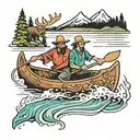 2 guys in a canoe in water with moose behind them  tattoo design idea