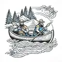 2 guys in a canoe in water with moose behind them  tattoo design idea
