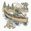 2 guys in a canoe in water with moose behind them  tattoo design idea