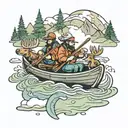 2 guys in a canoe in water with moose behind them  tattoo design idea
