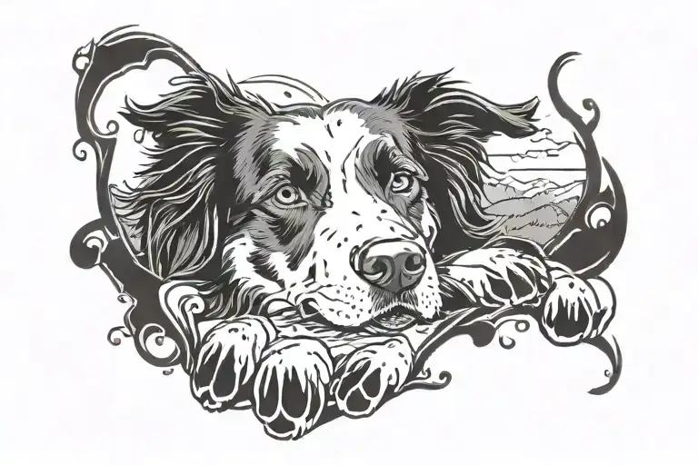dog paw border collie wine and mountinas tattoo design idea