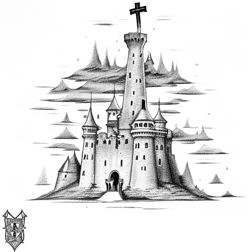 A majestic medieval castle surrounded by a moat filled with water, with a cross standing tall on top of the castle tattoo design idea