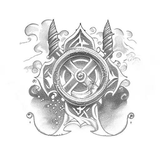 An intricate medieval cross surrounded by crashing waves and a boat sailing through the stormy sea tattoo design idea