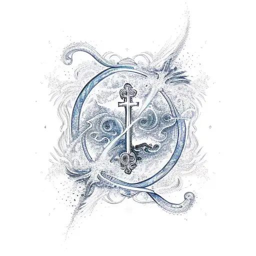 A mystical water-themed cross with swirling waves and mystical creatures like mermaids and sea serpents tattoo design idea