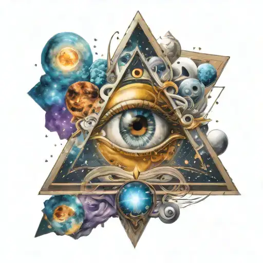 the third eye in a triangle surrounded by cosmic scenes tattoo design idea