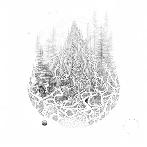 A mystical forest scene with hidden psychedelic symbols and bitcoin QR codes tattoo design idea