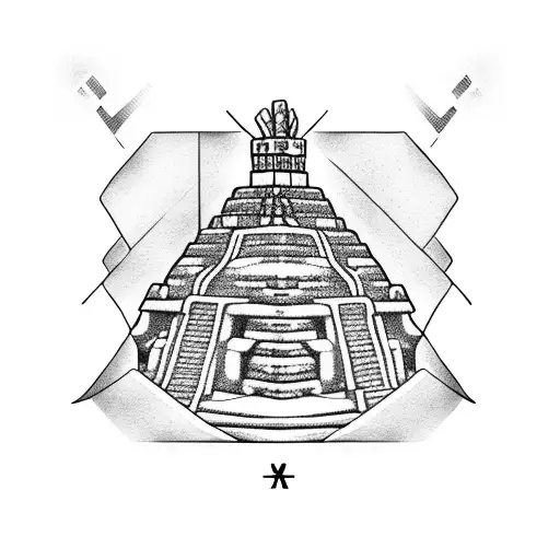 A Mayan temple with bitcoin symbols hidden in the design tattoo design idea