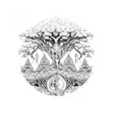 A mystical forest scene with hidden psychedelic symbols and bitcoin QR codes tattoo design idea