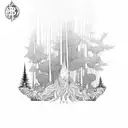 A mystical forest scene with hidden psychedelic symbols and bitcoin QR codes tattoo design idea
