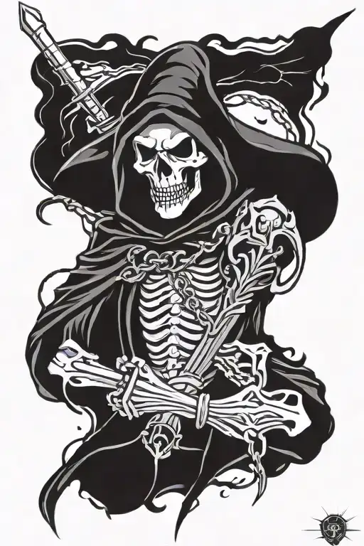 skull face grim reaper with sword and chain on forearms   tattoo design idea