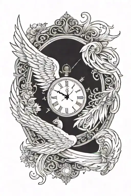 angel wing clock in the background tattoo design idea