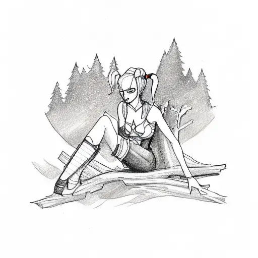 A sketch-style tattoo of Harley Quinn sitting on a tree branch, reading a book with a mountain landscape in the background tattoo design idea