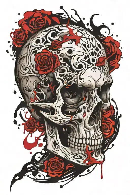 skull with tattoos and open jaw, flames from the eye sockets tattoo design idea