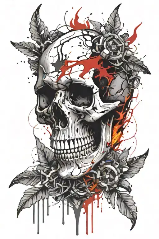 skull with tattoos in cyberpunk style, flames from the eye sockets, no flowers, the skull has an open jaw, frontal angle tattoo design idea