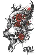 skull with tattoos in cyberpunk style, flames from the eye sockets, no flowers, the skull has an open jaw, frontal angle tattoo design idea
