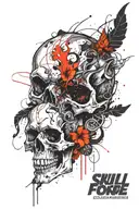 skull with tattoos in cyberpunk style, flames from the eye sockets, no flowers, the skull has an open jaw, frontal angle tattoo design idea