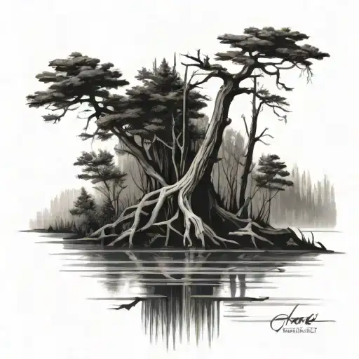 cypress tree in a swamp  tattoo design idea