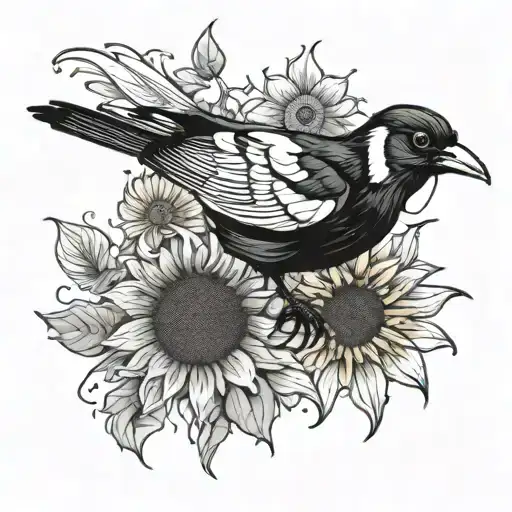 magpie with sunflower blooming tattoo design idea