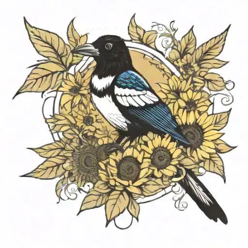 magpie with sunflower blooming flowers symbolizing tattoo design idea