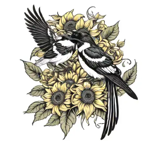 magpie with sunflowers intertwined tattoo design idea