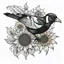 magpie with sunflower blooming tattoo design idea