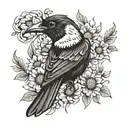 magpie with sunflower blooming tattoo design idea