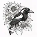 magpie with sunflower blooming tattoo design idea