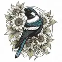 magpie with sunflower blooming tattoo design idea