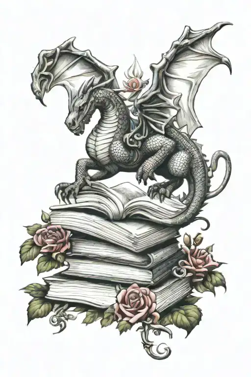 Saint George, dragon, books and roses  tattoo design idea
