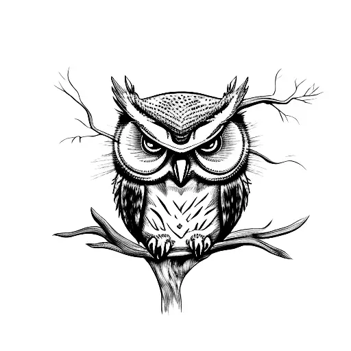 front of angry owl on branch tattoo design idea