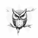 front of angry owl on branch tattoo design idea