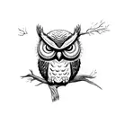 front of angry owl on branch tattoo design idea