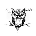 front of angry owl on branch tattoo design idea