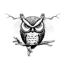 front of angry owl on branch tattoo design idea