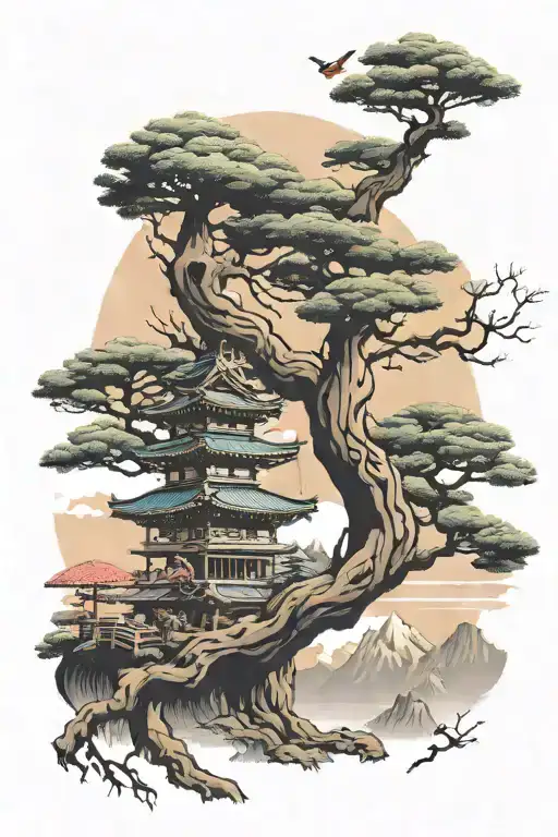 A Japanese landscape with a bonsai tree on your arm, accompanied by a Tengu mask looking towards the horizon tattoo design idea