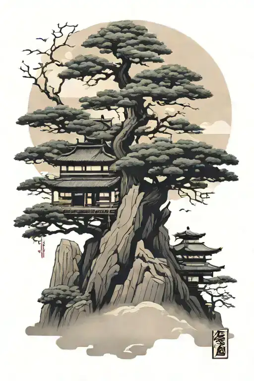 A Japanese landscape with a bonsai tree accompanied by a Tengu mask looking towards the horizon tattoo design idea