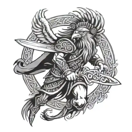 celtic warrior wielding a sword with a phoenix tattoo design idea